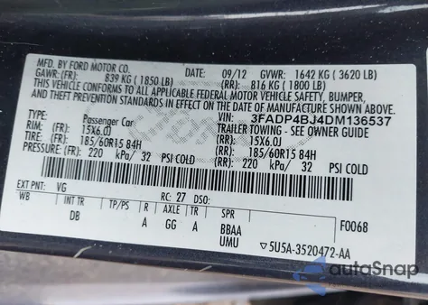 2013 Ford Fiesta Se из США, поврежденный, VIN 3FADP4BJ4DM136537